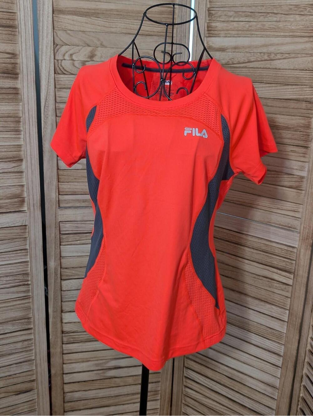 Fila Size medium Neon Orange V Neck Running TShirt Top Athletic Workout Pockets